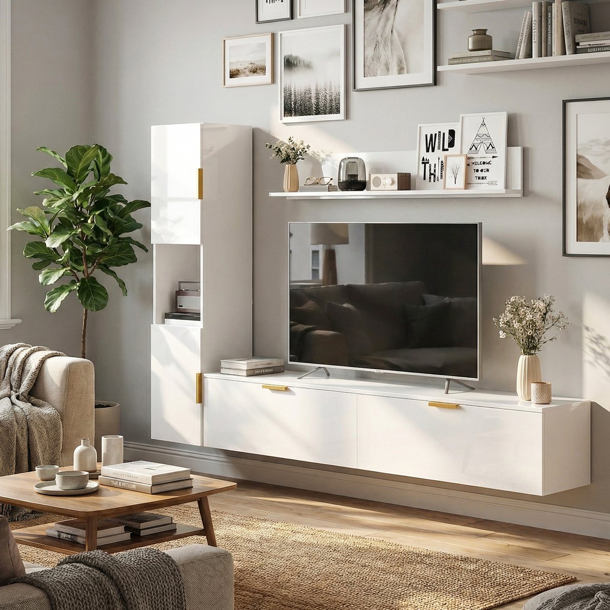 ECTEATOY Zwevend TV-meubel set - Kast met lades -wandkast en wandplank - 180x 33x30cm - wit