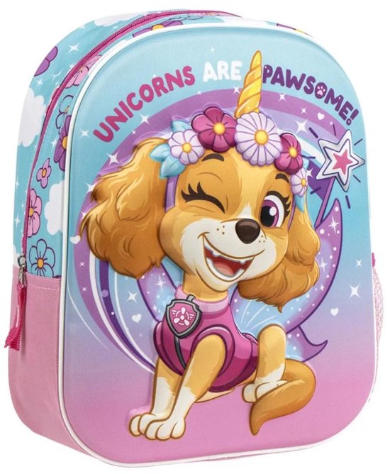 Paw Patrol rugzak met Skye als eenhoorn, met de tekst 'UNICORNS ARE PAWSOME!' op een roze en blauwe achtergrond.