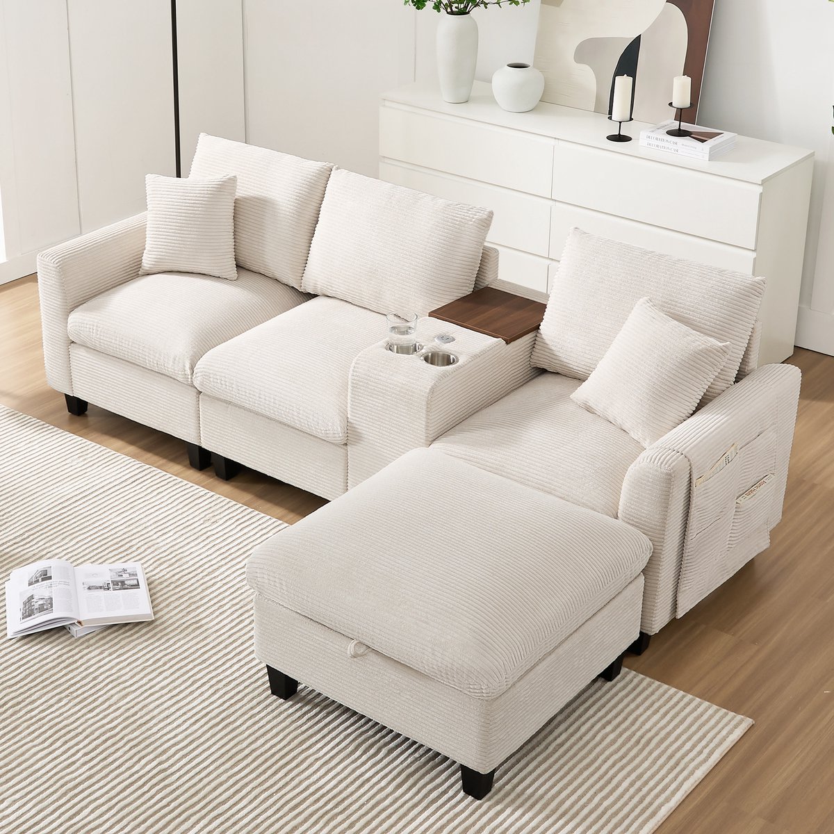 Woonkamer Hoekbank, L-Bank, 3-Zits Bank, Moderne L-Vormige Hoekbank, Omvormbare Bank Met Console, 2 Bekerhouders, USB Oplaadpoorten, Armleuning Opbergtas En Kussens, Corduroy Stof
