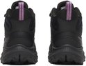 Achterkant van twee zwarte Merrell wandelschoenen voor dames met paarse lussen.