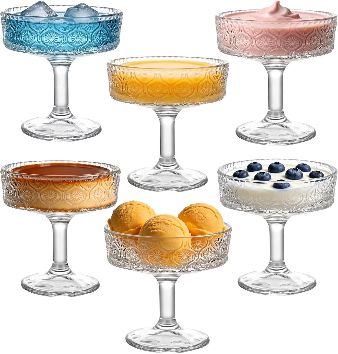 Set van 6 elegante dessertglazen met steel, 300 ml, ideaal voor ijs, cocktails en feestelijke gelegenheden, vaatwasserbestendig en perfect als cadeau voor bruiloften en verjaardagen