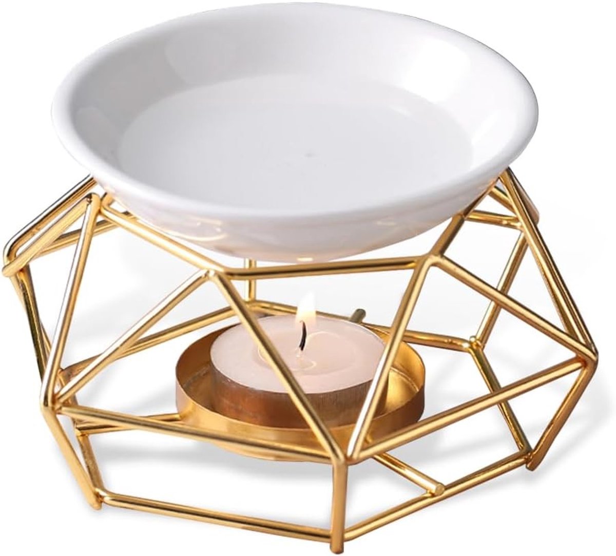 Romantische Geurkaarsenbrander van Metaal en Keramiek voor Woonkamer en Slaapkamer - Decoratieve Wax Melt Brander met Keramische Kom in Goud