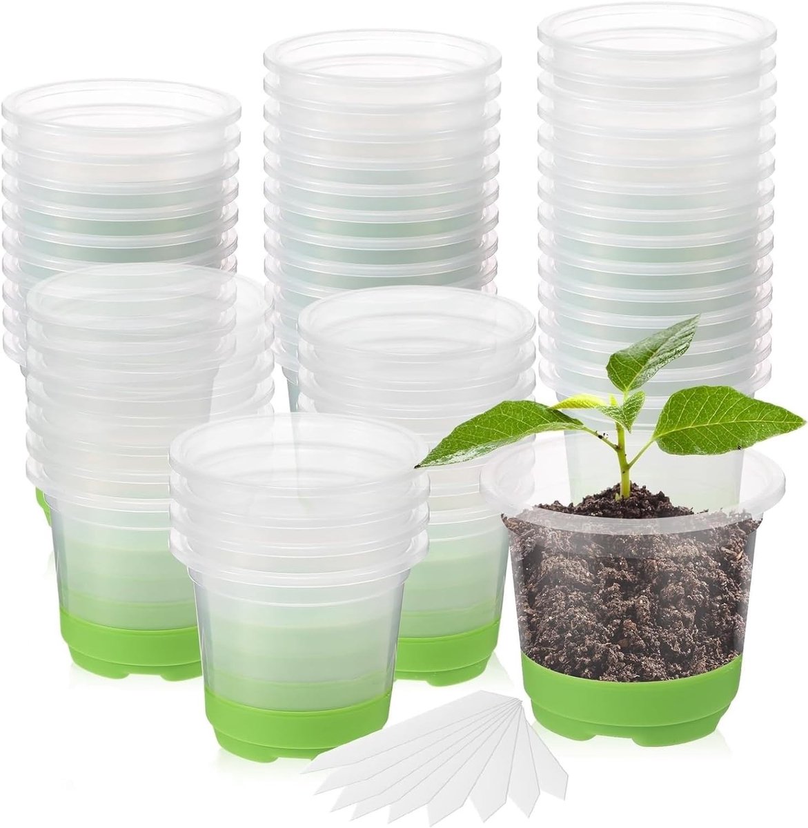 24 Stuks Heldere Plant Potjes met Siliconen Onderkant, 10cm Ronde Plastic Kweekpotten, Herbruikbare Zaailingen met Drainagegaten en 20 Plantlabels voor Bloemen en Groenten