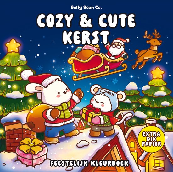 Illustratie van een winterse kerstnacht met rendieren, kerstbomen, sneeuw en kerstcadeaus. Tekst: Cozy & Cute Kerst, Feestelijk Kleurboek, Belly Bean Co., Extra Dik Papier.