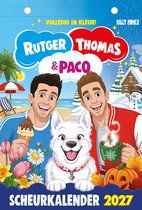 Rutger, Thomas & Paco scheurkalender 2027. Rutger en Thomas met een witte hond. Links zomerse strandtaferelen, rechts winterse sneeuwtaferelen.