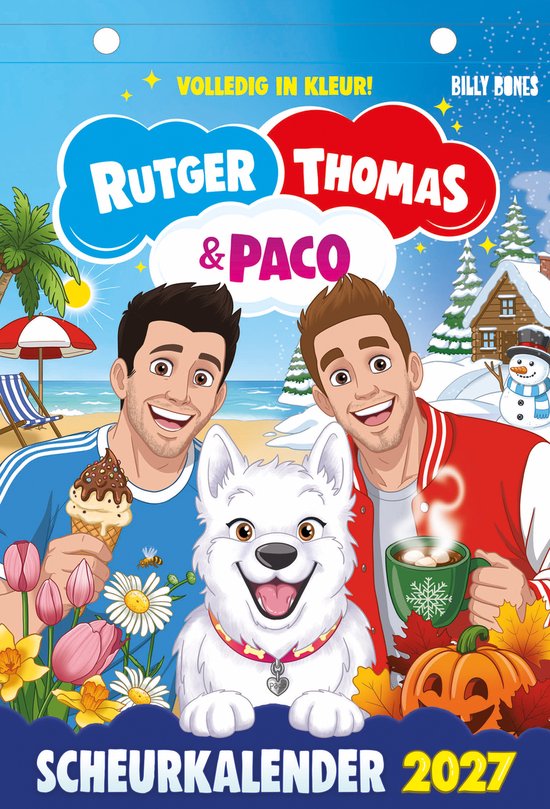 Rutger, Thomas & Paco scheurkalender 2027. Rutger en Thomas met een witte hond. Links zomerse strandtaferelen, rechts winterse sneeuwtaferelen.