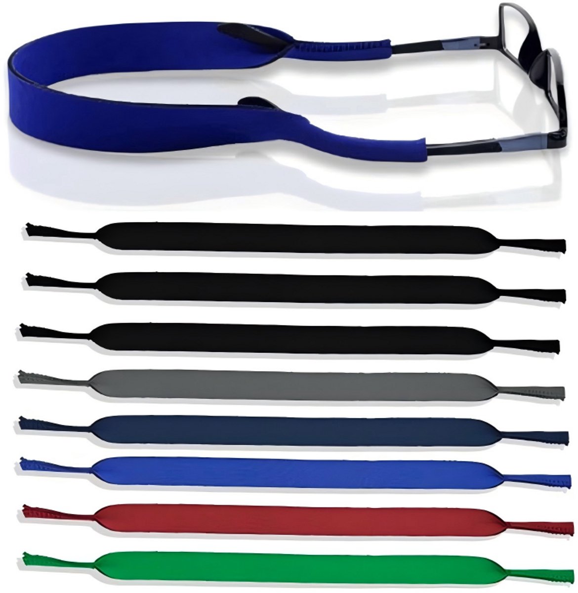 Set van 8 unisex brillenkoordjes, elastisch en flexibel, antislip brillenkoordjes, brillenkoordjes voor dames, heren en kinderen, sportbrillenkoordjes (3 stuks zwart + stuks grijs + marineblauw + rood + groen + blauw)