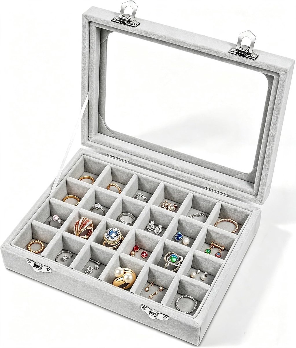 Sieradenopbergdoos met 24 Compartimenten, Grijs Velours, Voor Oorbellen, Ringen en Kettingen, 20 x 15 x 2 cm, Perfect voor Organisatie en Bescherming van Sieraden