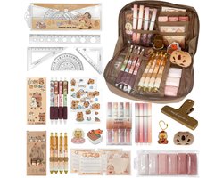 Capybara schoolbenodigdhedenset met etui, oranje, complete schrijfwarenset voor kinderen en volwassenen, kawaii design, cadeauset