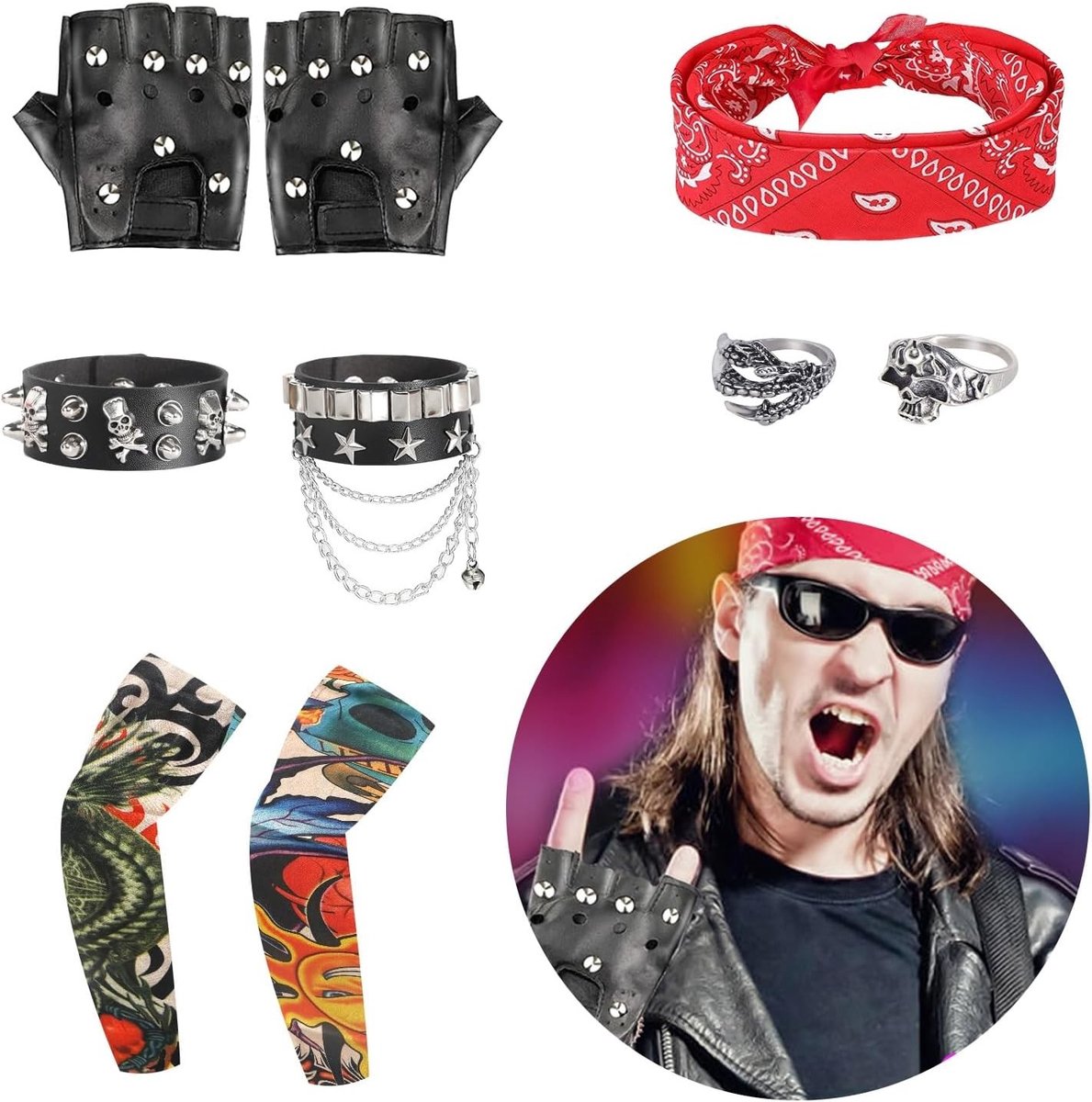 Punk Accessoires voor Rock Star Kostuum - 11 Delige Set voor 80s Disco en Feestjes