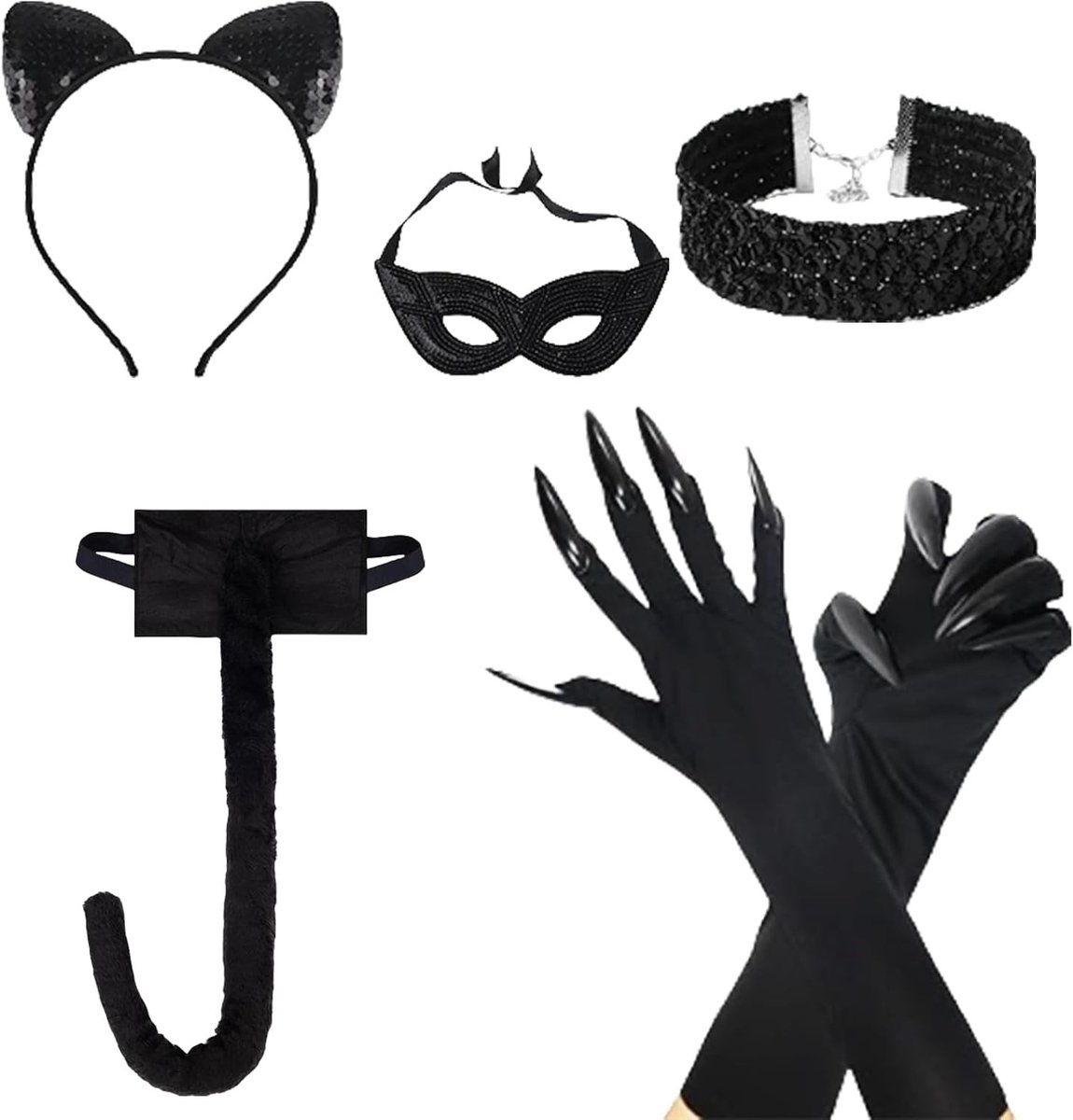 Zwart Kat Kostuum voor Dames met Hoofdband, Masker, Choker, Handschoenen en Staart voor Halloween en Cosplay Accessoires