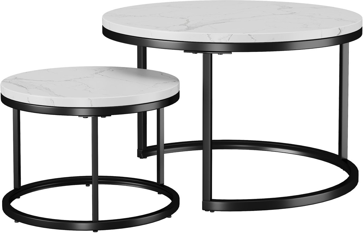 DESMIU Metalen Salontafelset Van 2 Delen – Nestbaar Ontwerp Voor Flexibel Gebruik – Marmerlook Blad – Voor Woonkamer En Kleine Ruimtes – Goud En Wit