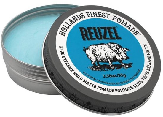 Blauwe Reuzel pommade in metalen potje met een varken erop. "HOLLANDS FINEST POMADE" en "BLUE EXTREME HOLD MATTE POMADE"