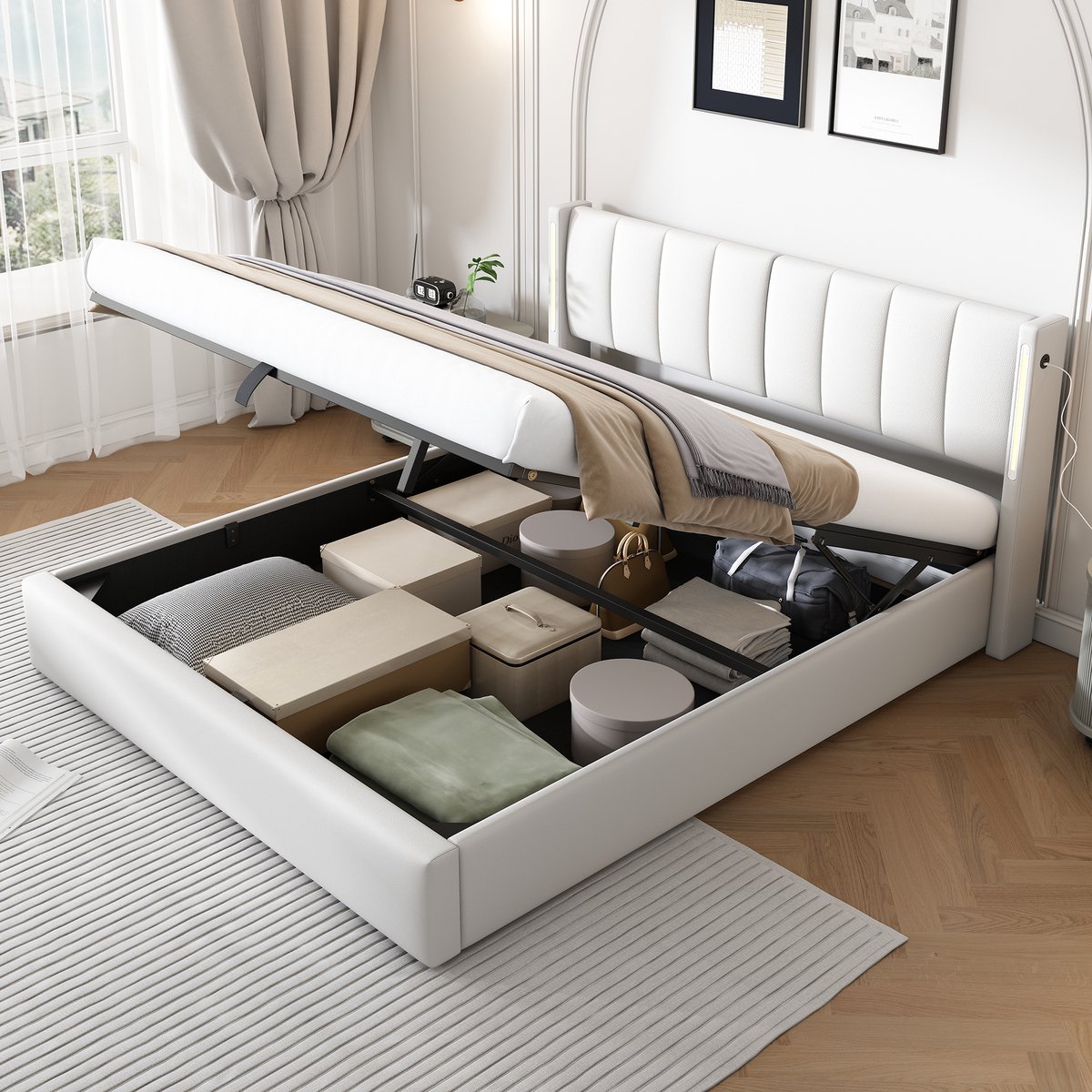 Clruro Opbergbed - 160x200 cm - Hydraulisch - LED, USB en Verstelbaar Hoofdbord - PU-Leer - Wit