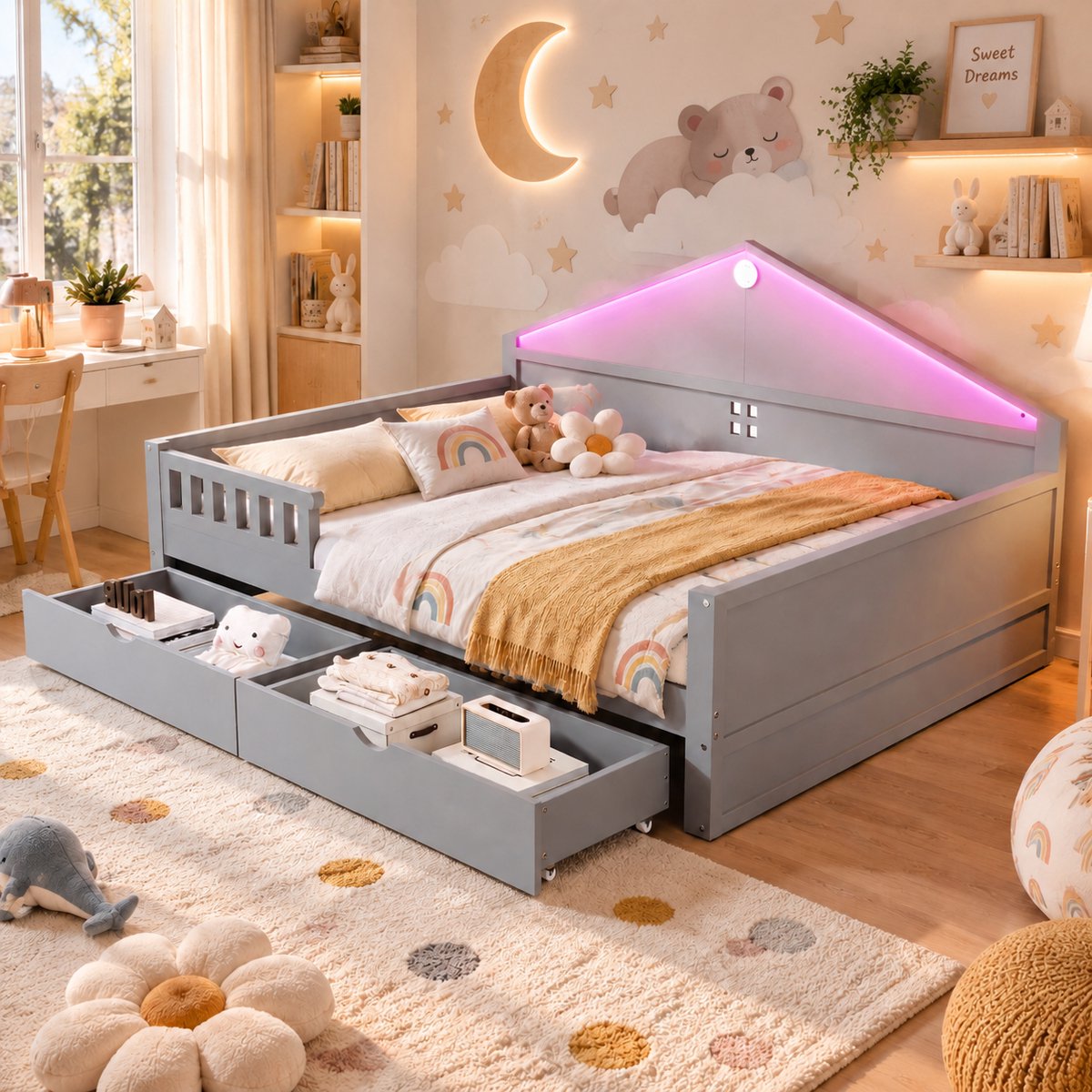 Welltin Kinderbed 140x200 cm - Tweepersoonsbed - Multifunctioneel bed - Vloerbed - Met veiligheidsleuning - Met led-lichtstrip - Met opbergruimte - Met lades - Grijs