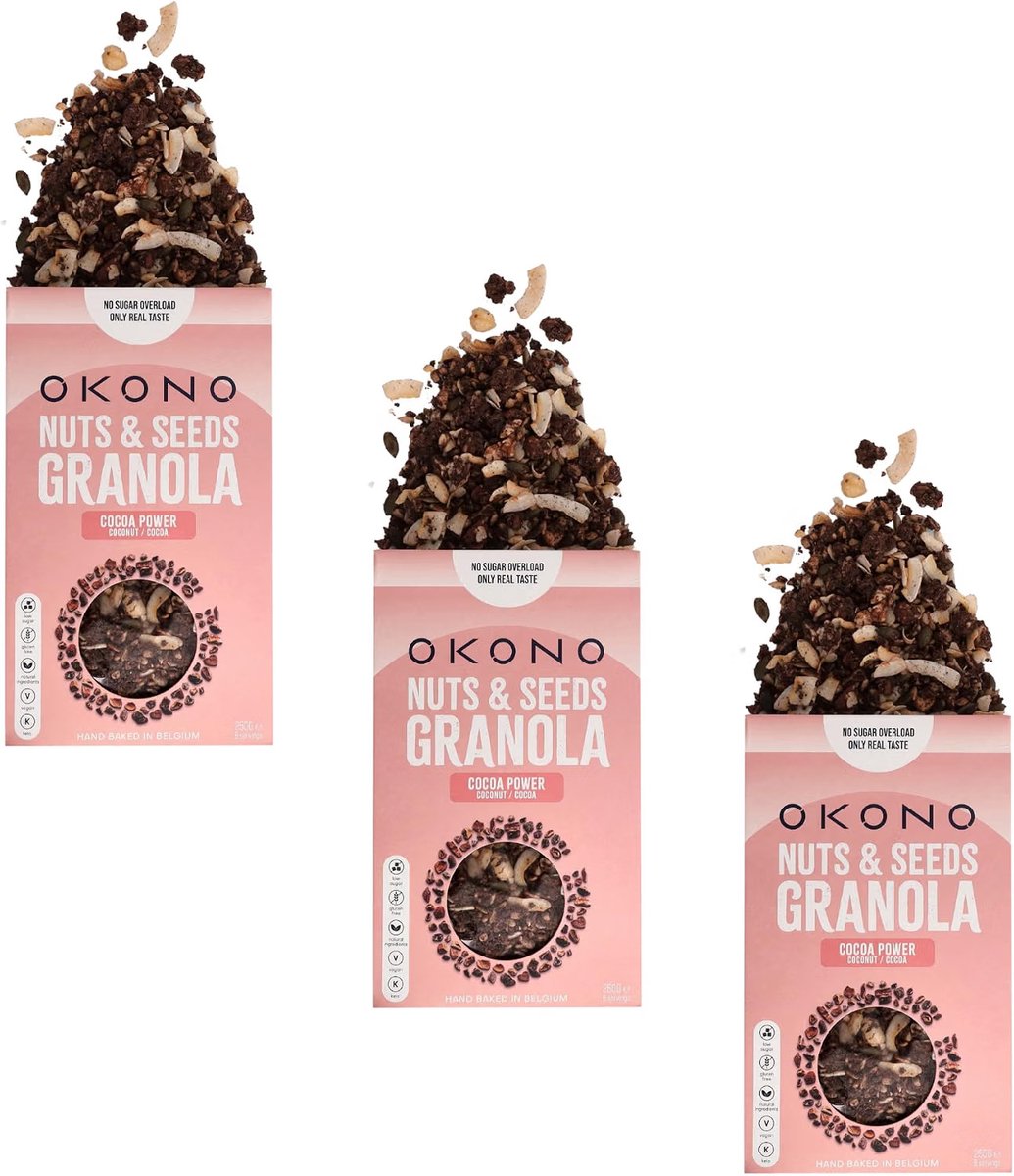 OKONO Cocoa Power Granola 3x 250 g - Keto Granola met Cacao - Noten en Zaden Zonder Toegevoegde Suikers - Glutenvrij en Vegan