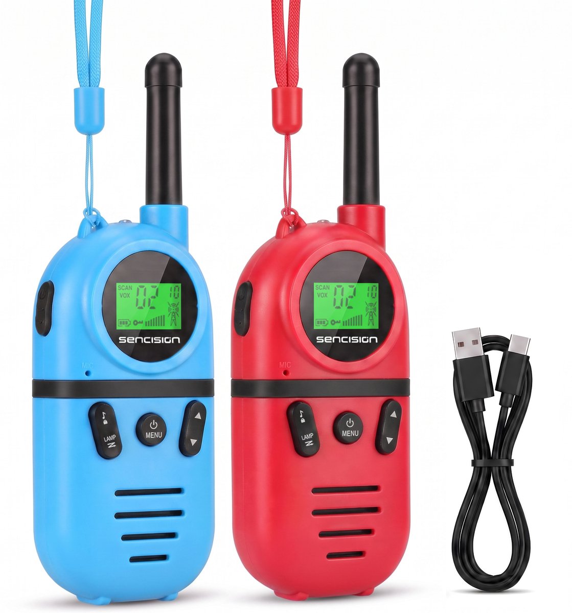 Sencision Walkie Talkie voor Kinderen Oplaadbaar - Portofoon - Walkie Talkie Oplaadbaar - Set van 2 - 16 Kanalen - Tot 5 km - Zaklamp - Rood/Blauw