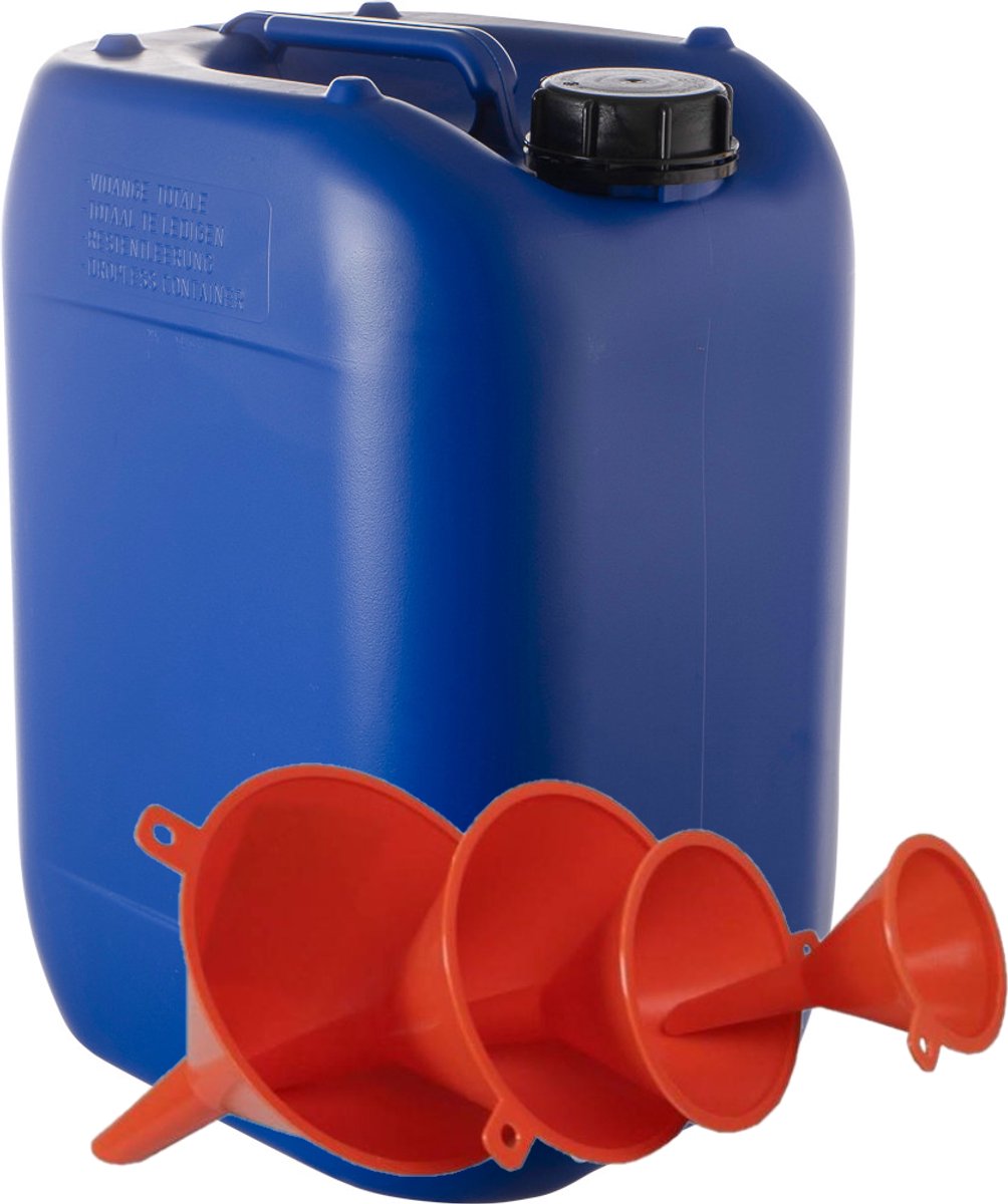 Jerrycan 20 Liter blauw | met 4-delige trechterset | geschikt voor water | UN gekeurd | benzine | handig stapelbaar | food grade | inclusief dop | totaal te legen | noodpakket