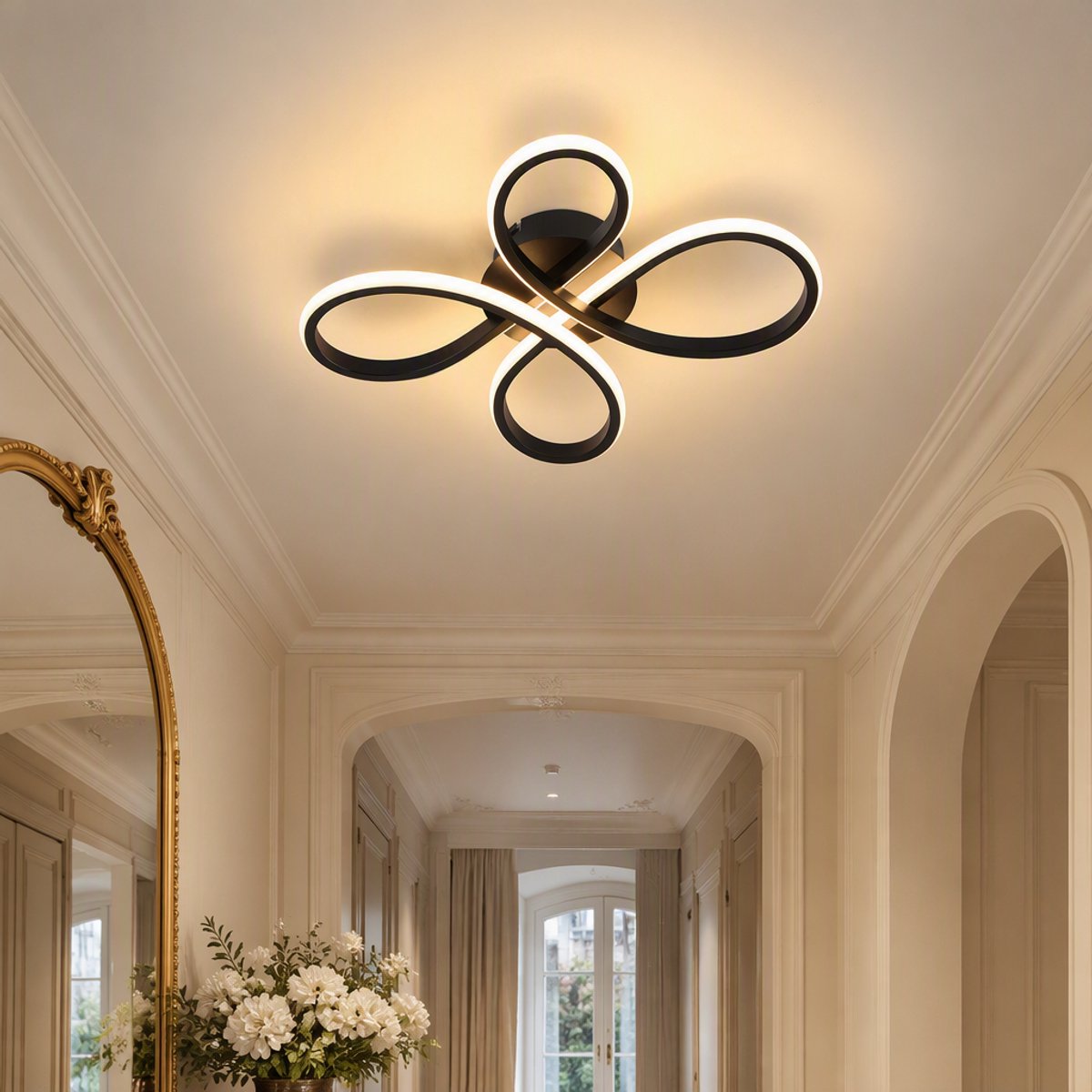 Lemlit - LED Plafondlamp 23W, Moderne Plafonnière, Chinese Knoop Design, 3000K Warm Wit, 2700 lm, CRI≥85, 40x35x7,5 cm, Woonkamer Slaapkamer - Zandzwart