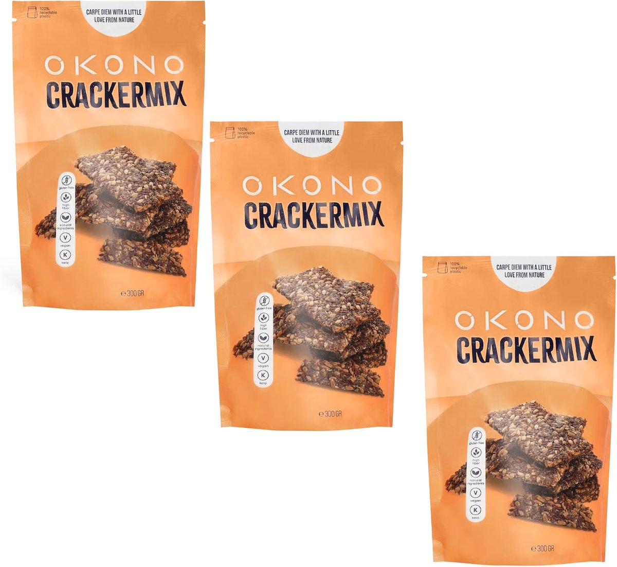 OKONO Crackermix 3 x 300 g - Keto Crackers om Zelf te Bakken - Zonder Toegevoegde Suikers met 25,8 g Vezels per 100 g - Glutenvrij en Vegan