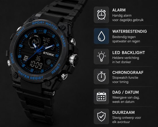 Zwarte sportwatch met blauwe wijzers en digitale displays, met icoontjes voor alarm, waterdicht, LED, chronograaf, datum en duurzaamheid.