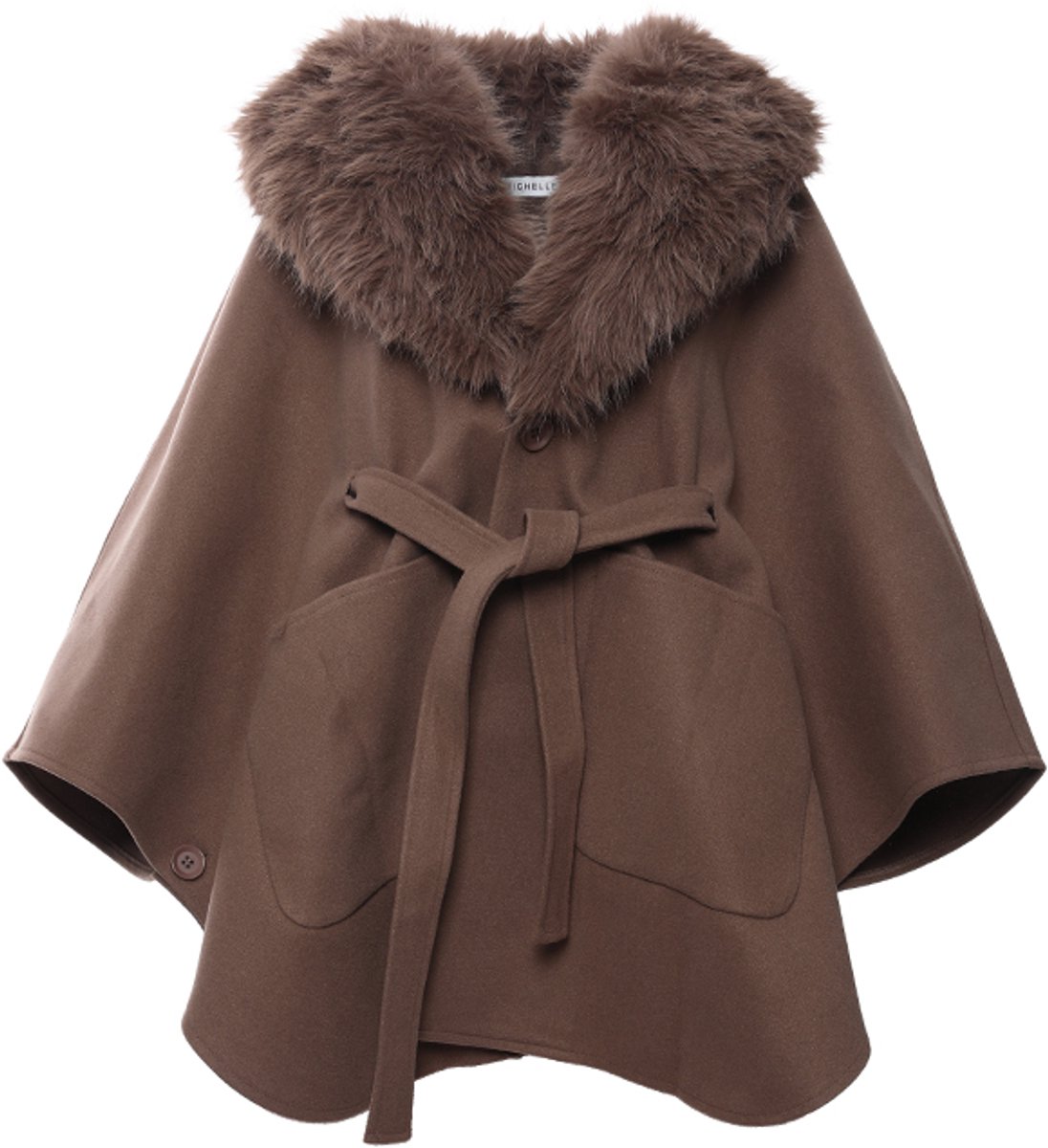 Dames Cape Jas met Afneembare Faux Fur Kraag - Poncho Jas met Ceintuur & Steekzakken - Warme Wintercape & Omslagdoek - Dames Jas - Cadeau voor Vrouw - Bruin