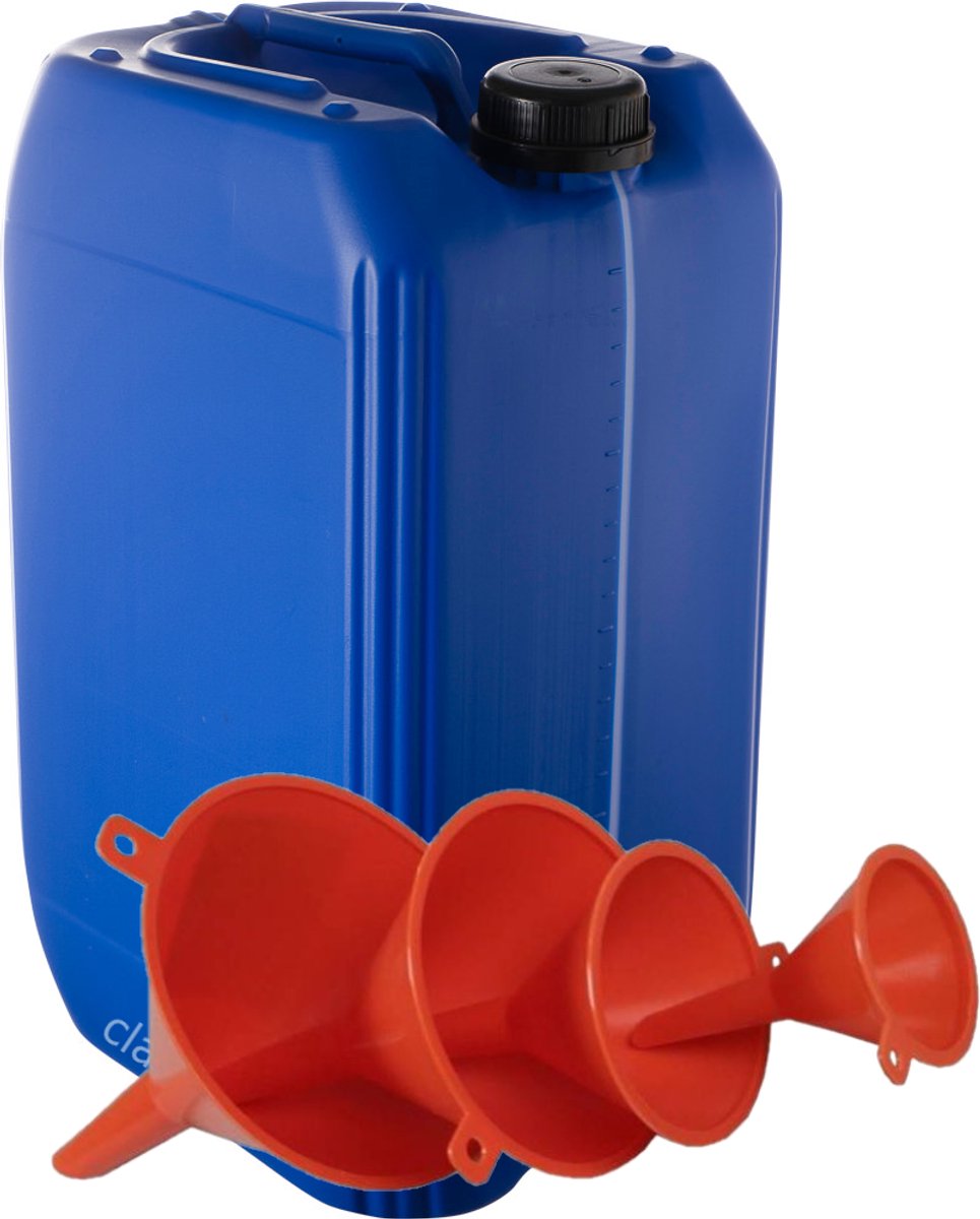 Jerrycan 25 Liter blauw met zichtstreep | met 4-delige trechterset | geschikt voor water | UN gekeurd | benzine | handig stapelbaar | food grade | inclusief dop | totaal te legen | noodpakket