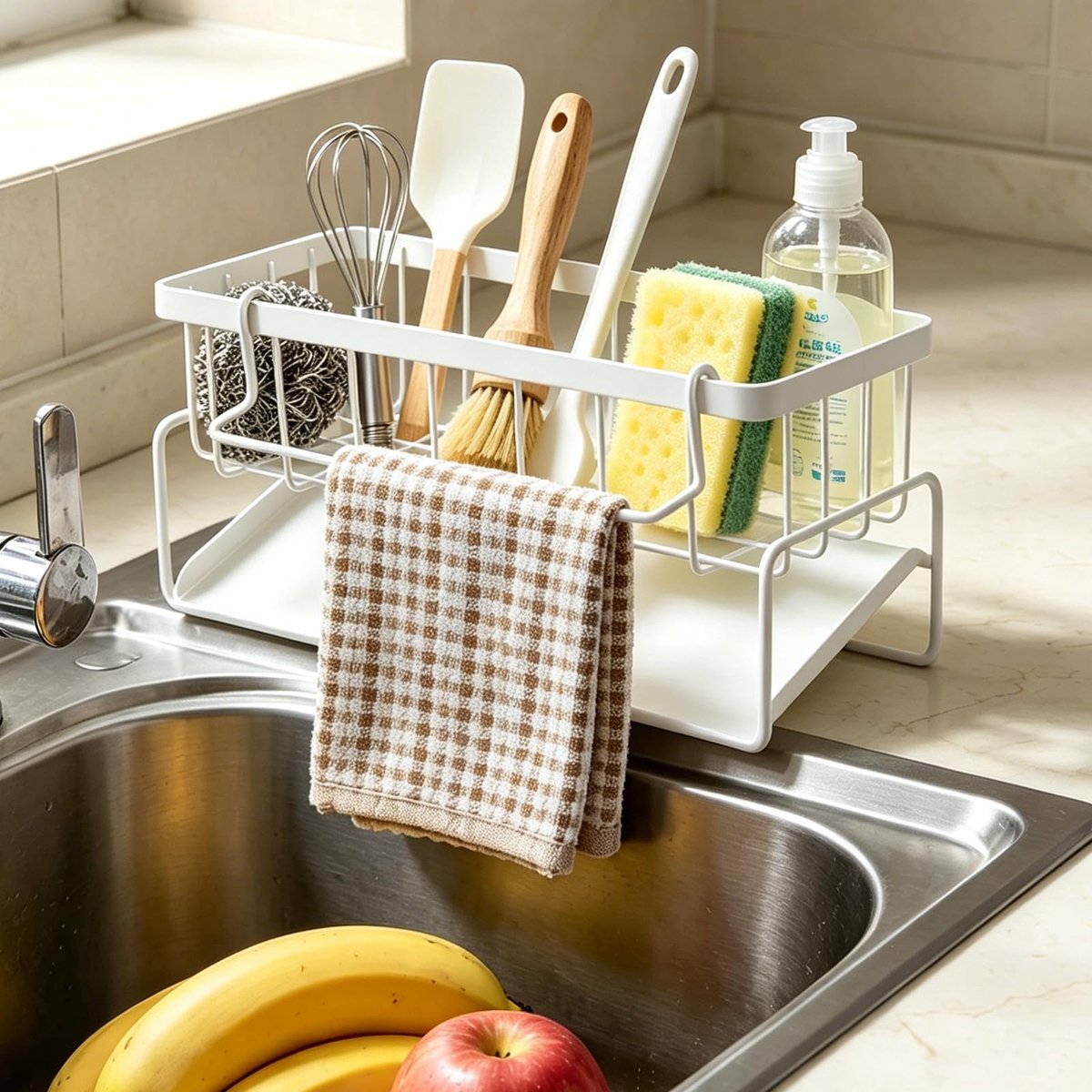 RVS Spoelbak Organizer - Met afdruipschaal en handdoekhouder - Wit