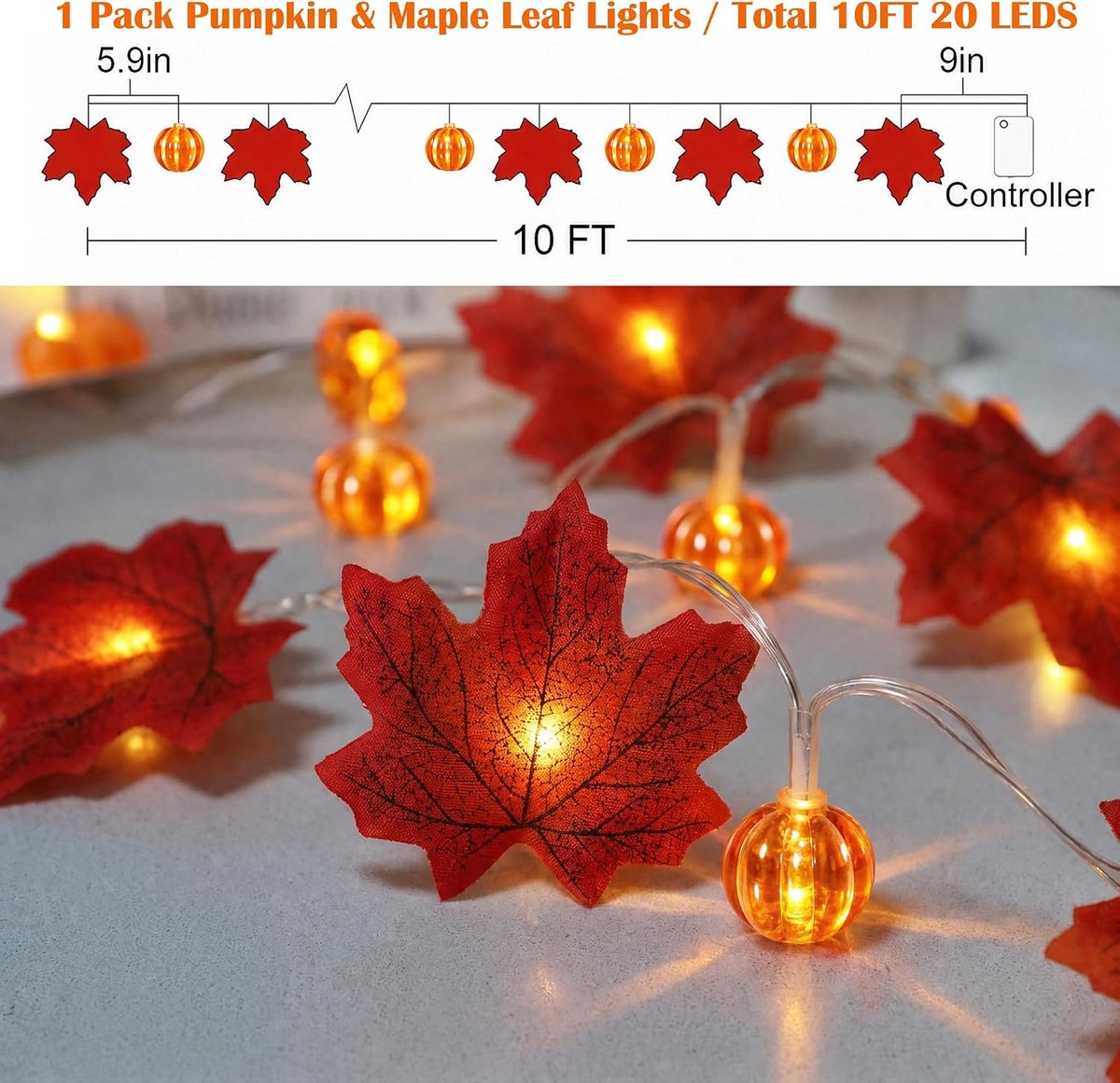 3m Herfst Lichtslinger met 20 LED Esdoornbladeren - Sfeervolle Buiten- & Binnenverlichting - Voor Tuin, Terras, Raam & Herfstdecoratie - Warme Gloed - Batterijgevoed - Eenvoudig te Hangenaan - Creëer een Gezellige Herfstsfeer — cadeau in Wonen & Interieur - foto 3