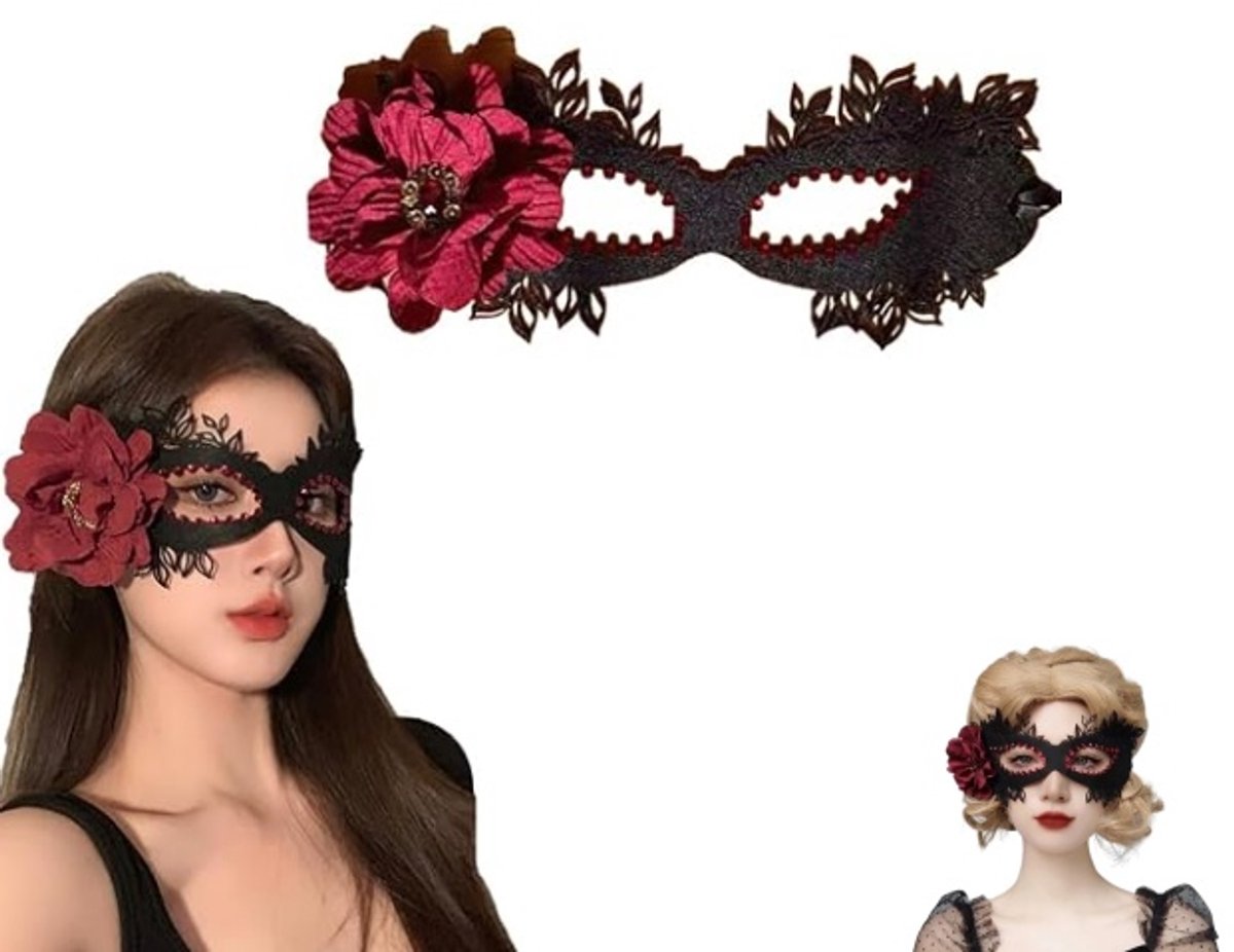 1 stuk - Halloweenkostuummasker - Kanten masker voor dames - Halloweenmasker - Halfgezichtsmasker met sluier - Masker met rode bloemen - Maskeraccessoire - Geschikt voor cosplay, maskerade en Halloween