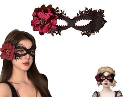 1 stuk - Halloweenkostuummasker - Kanten masker voor dames - Halloweenmasker - Halfgezichtsmasker met sluier - Masker met rode bloemen - Maskeraccessoire - Geschikt voor cosplay, maskerade en Halloween