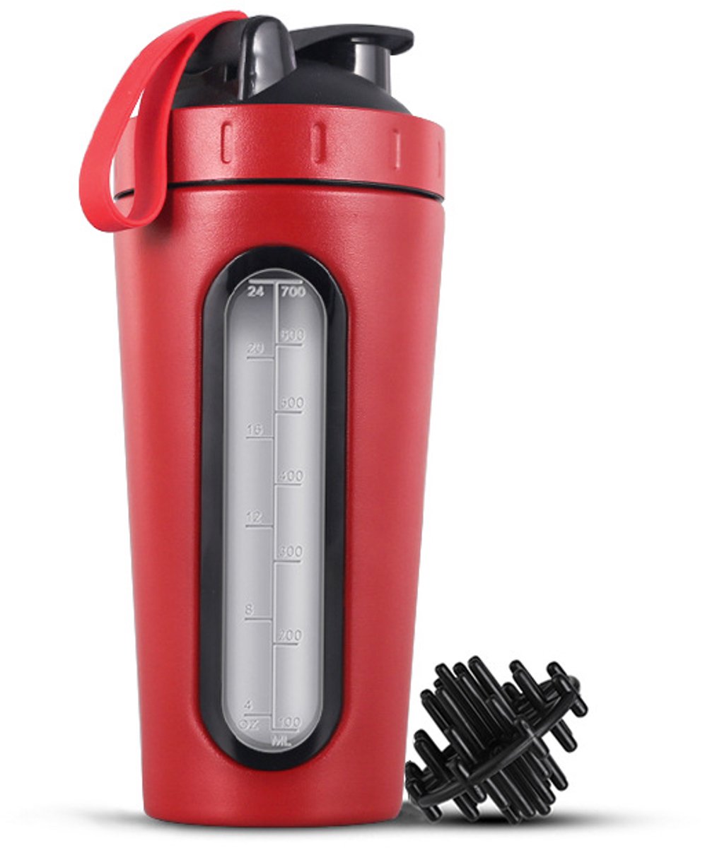 Shakerbeker‑rood‑700ml | 304 roestvrij stalen eiwitshaker met transparant venster en schaalverdeling, geschikt voor sport en fitness