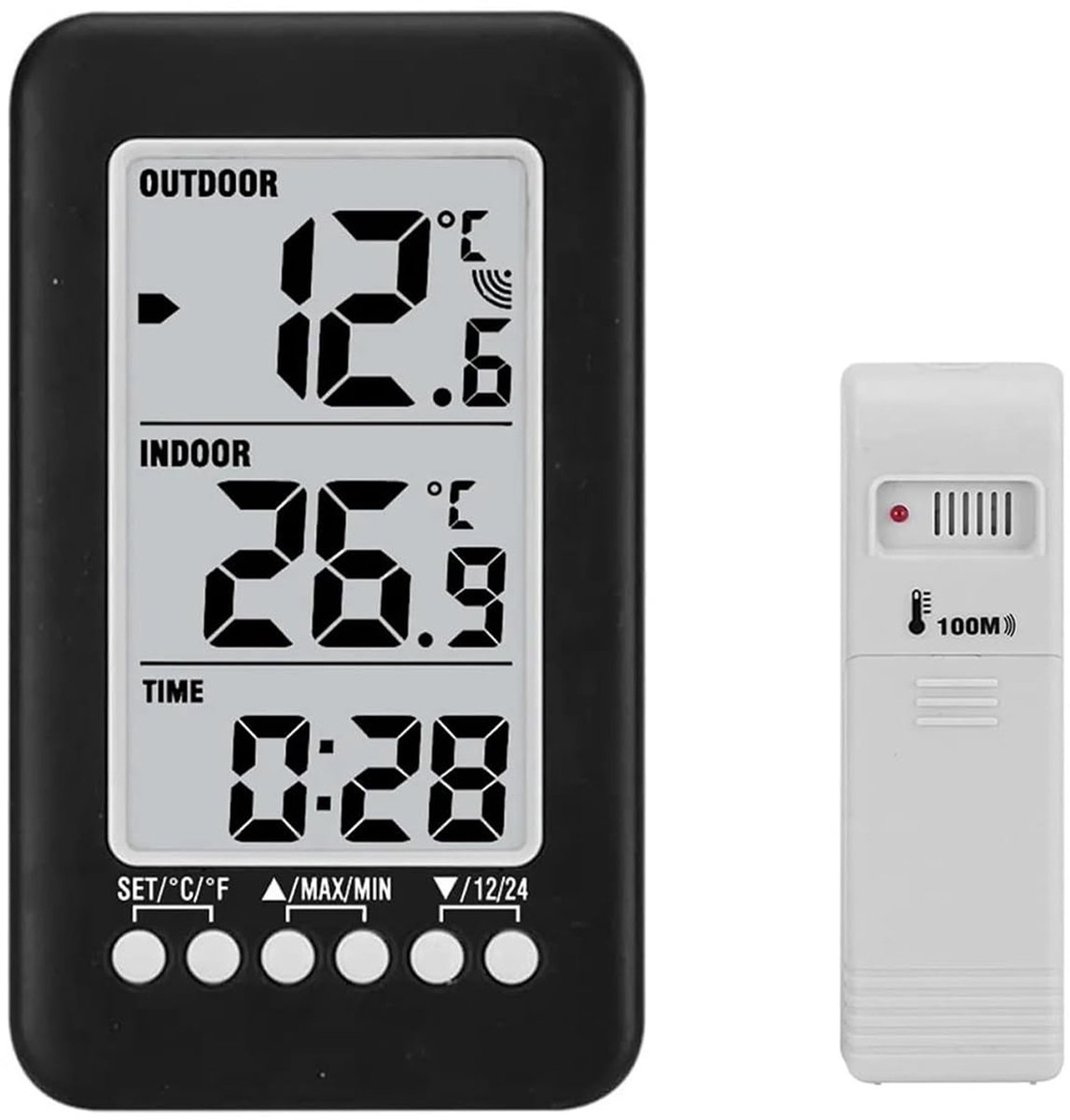 zurabini - Weerstation - Draadloze Thermometer - Thermometer Binnen en Buiten - Thermometer Binnen met Luchtvochtigheidsmeter - Hygrometer met Min/Max Geheugen - LCD Display - Voor Woonkamer, Koelkast en Opslag