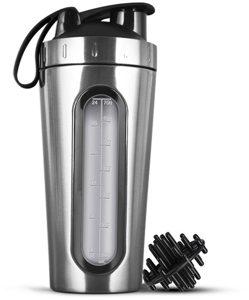 Shakerbeker‑roestvrij staal‑700ml | Eiwitshaker met transparant venster en schaalverdeling, geschikt voor sport en fitness