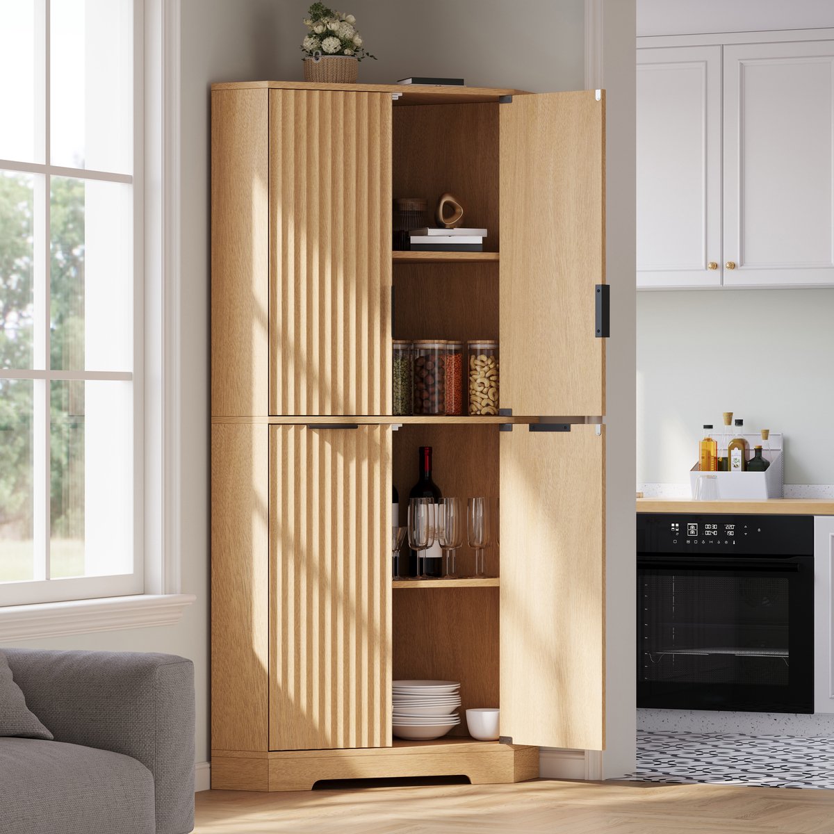 REDOM - Hoekkast 60x60x172cm met 4 deuren en verstelbare planken - Natural MDF, halfhoge kast voor keuken, eetkamer en woonkamer