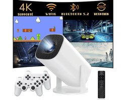 TEKROA® Smart Mini Beamer – Game Console & Projector in 1 – 4K Support – met WiFi 6 & Bluetooth 5.4 - Met 2 Draadloze Controllers – Auto Keystone – Wit