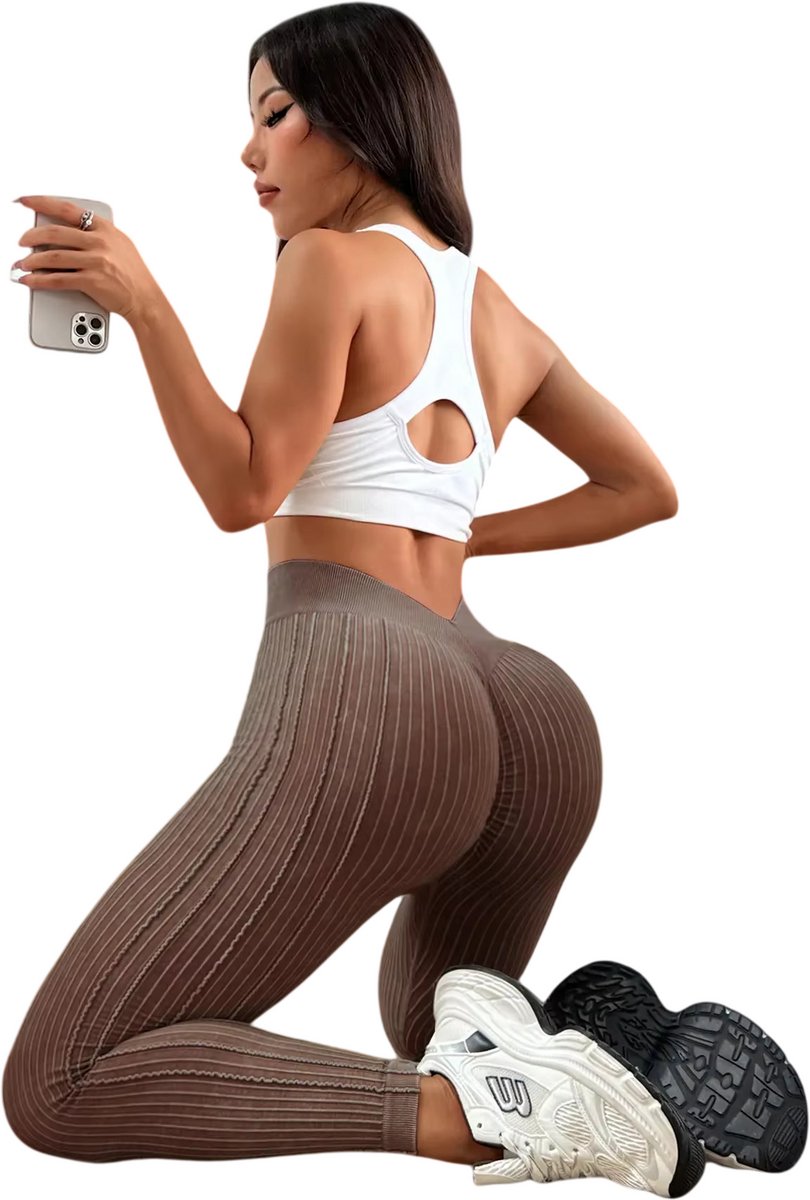 High Waist Legging Dames – V-Tailleband, Geribbelde Sportlegging, Peach Hip Effect, Elastische Yoga & Fitness Workout Broek, Sportbroek Dames - Bruin - Maat L