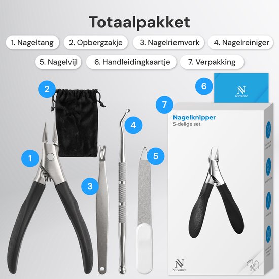 Een set voor nagelverzorging, bestaande uit: 1. Nageltang, 2. Opbergzakje, 3. Pincet, 4. Nagelreiniger, 5. Nagelvijl, 6. Handleidingskaartje, 7. Verpakking. De verpakking bevat een nagelknipper.