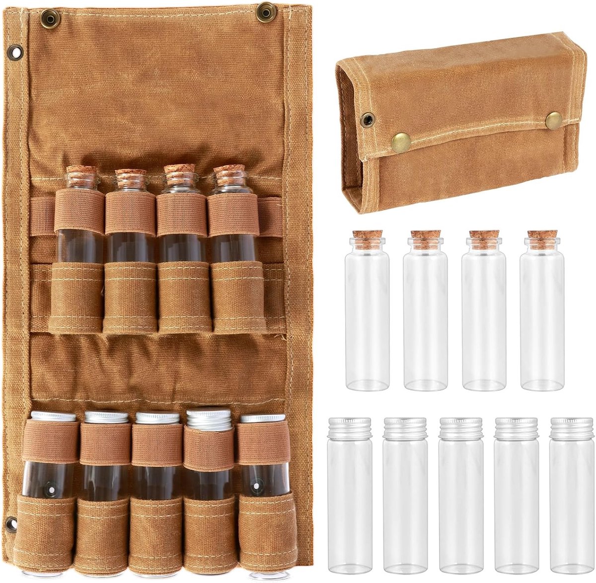 Camping Kruidenset - Waterdicht - 9 Kruidenblikjes met Canvas Opbergtas en Ophanggat