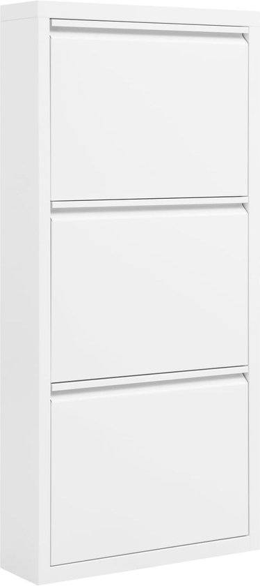 Gesloten witte metalen schoenenkast met drie kleppen.