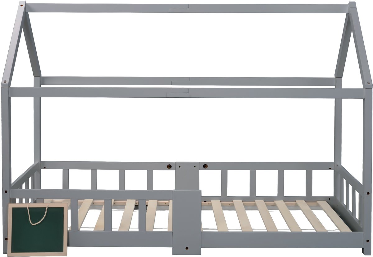 MUVANO Grijs huisbed 90x200 - houten bed met krijtbord - kinderbed met hekje - stevig peuterbed - 90x200 cm - uitvalbeveiliging - kinderkamer grijs