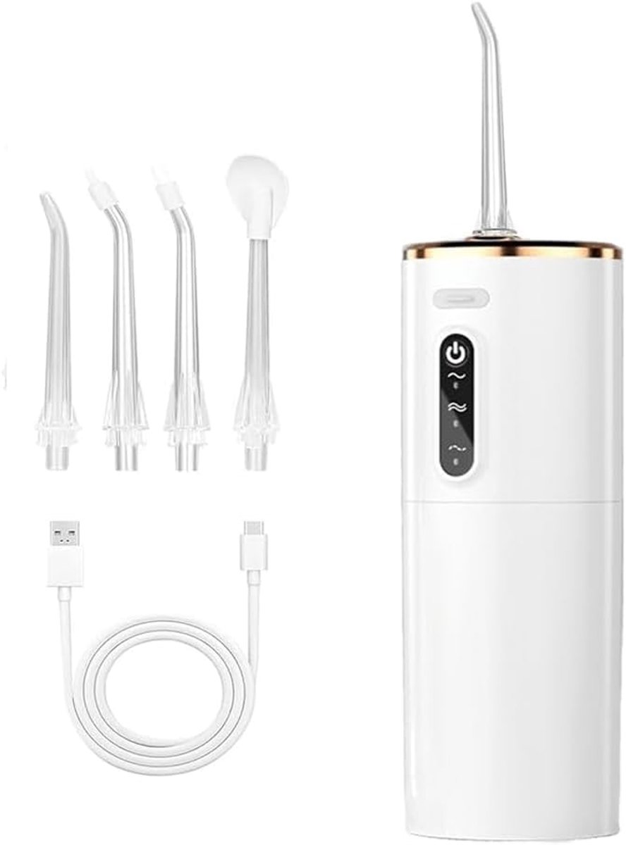 Waterflosser, Draadloze Monddouche met 280 ml Waterreservoir, 3 Reinigingsstanden en 5 Opzetstukken, Elektrische Mondirrigator, Draagbaar voor Thuis en Reizen, Wit