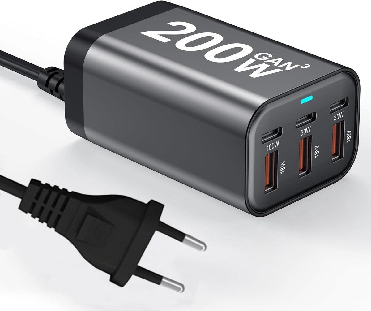 Casalora® 200W GaN Snellader EU Stekker – 6 Poorten (3 USB-C + 3 USB-A) – PD Fast Charger Desktop Oplader voor MacBook, Laptop, iPhone, Samsung, Tablet