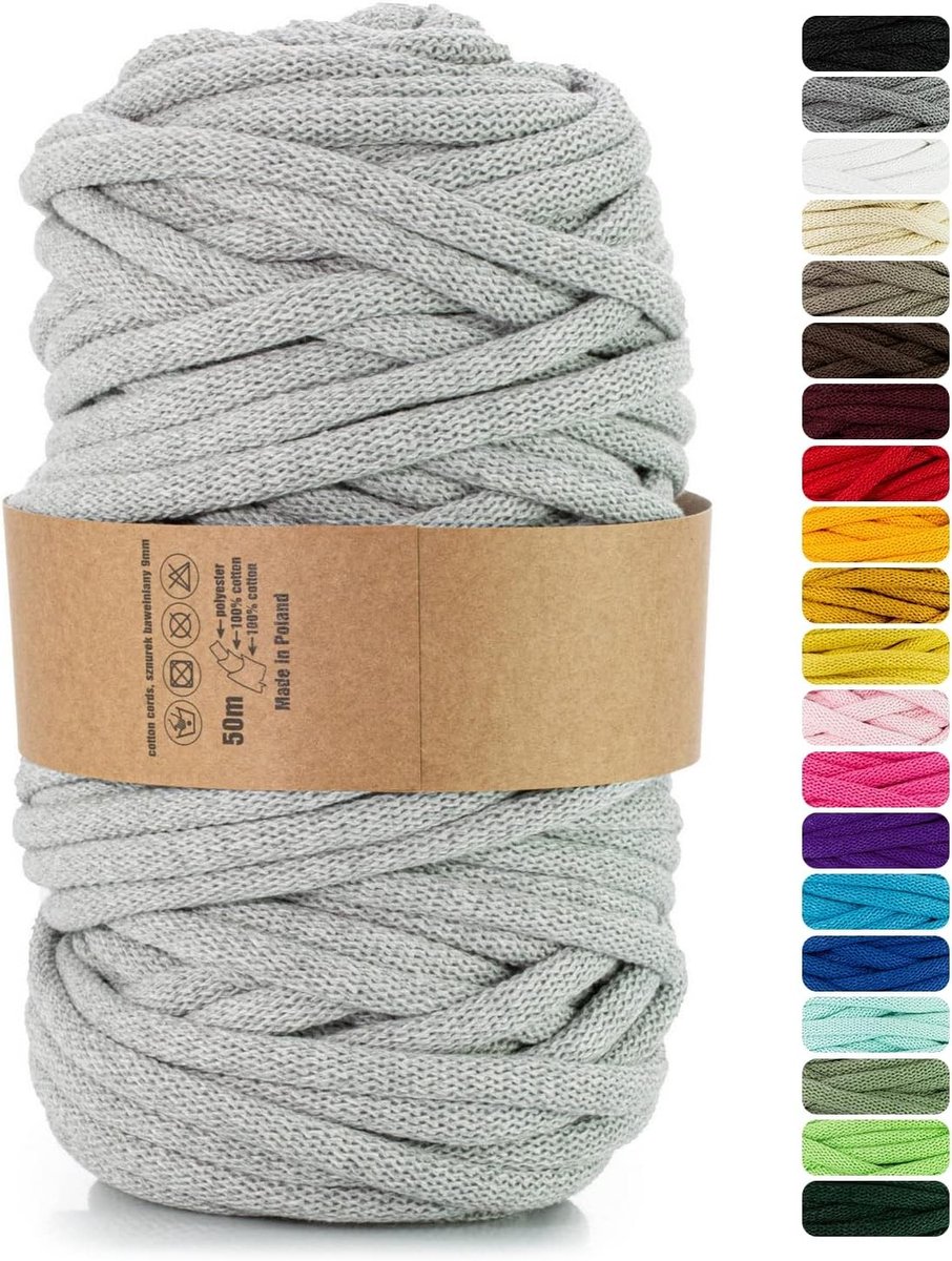 Katoenen Garendraad met Polyester Kern, 9 mm, 50 m, Natuurlijk Touw voor Macramé, Tuin en Creatieve Projecten, Grijs