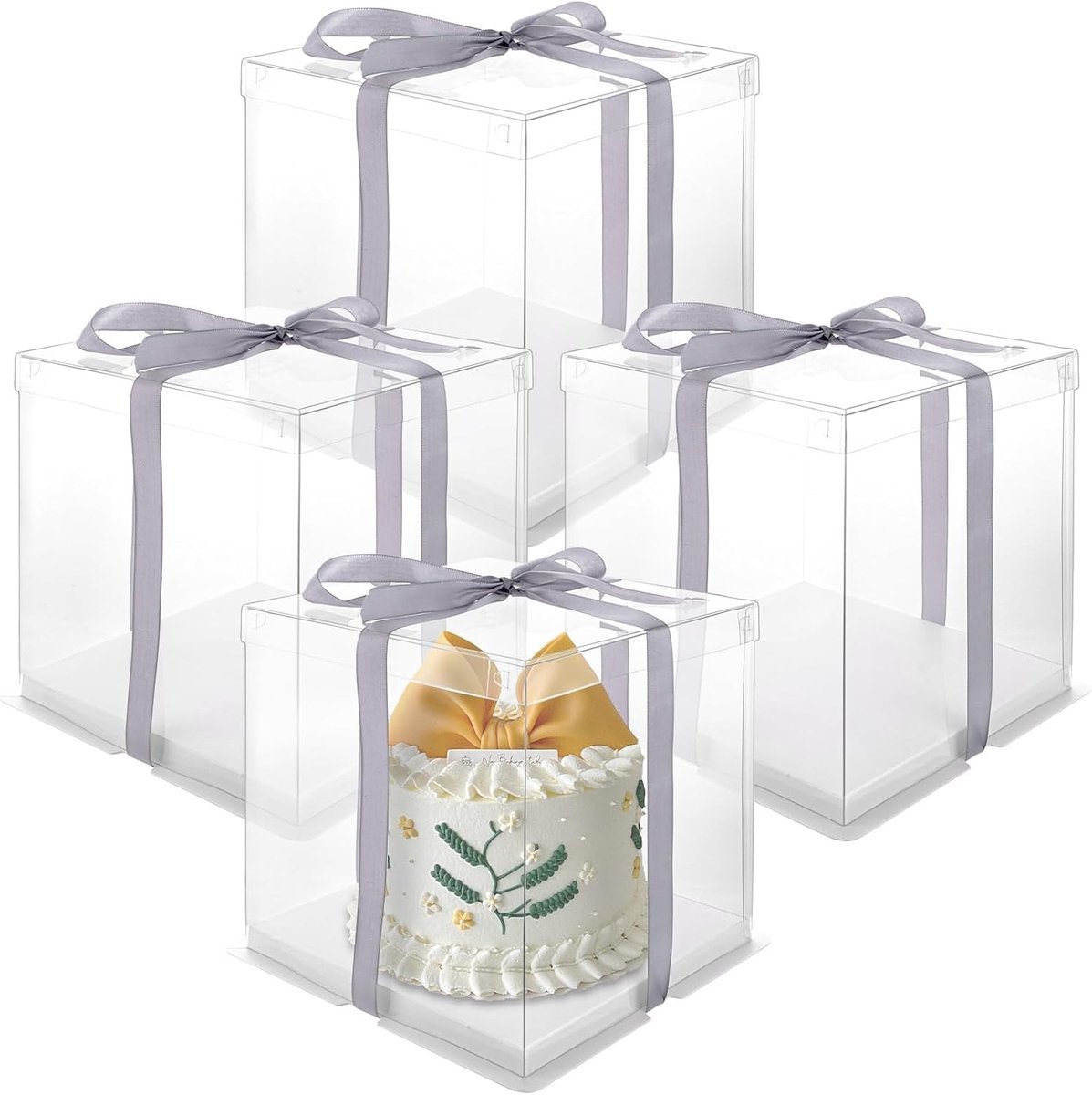 Set van 4 Transparante Taartdozen met Deksel en Strik - Ideaal voor Taartvervoer en Cadeaus, 22 x 22 x 24 cm