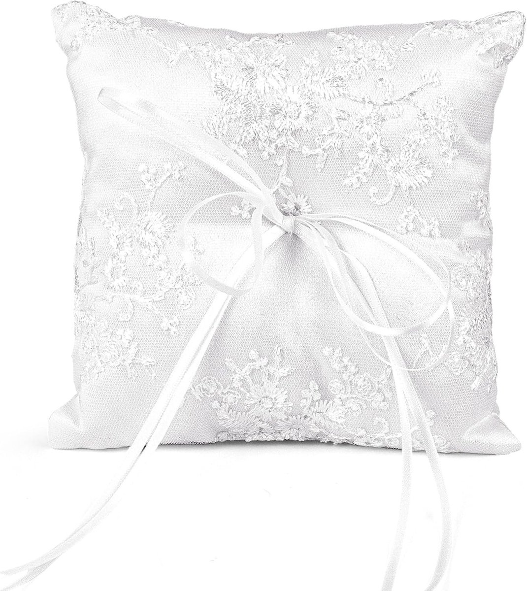 Romantisch Witte Ringkussen voor Trouwen, Decoratie voor Huwelijk, 15 x 15 cm, Cadeauhouder met Lint voor Bruiloft