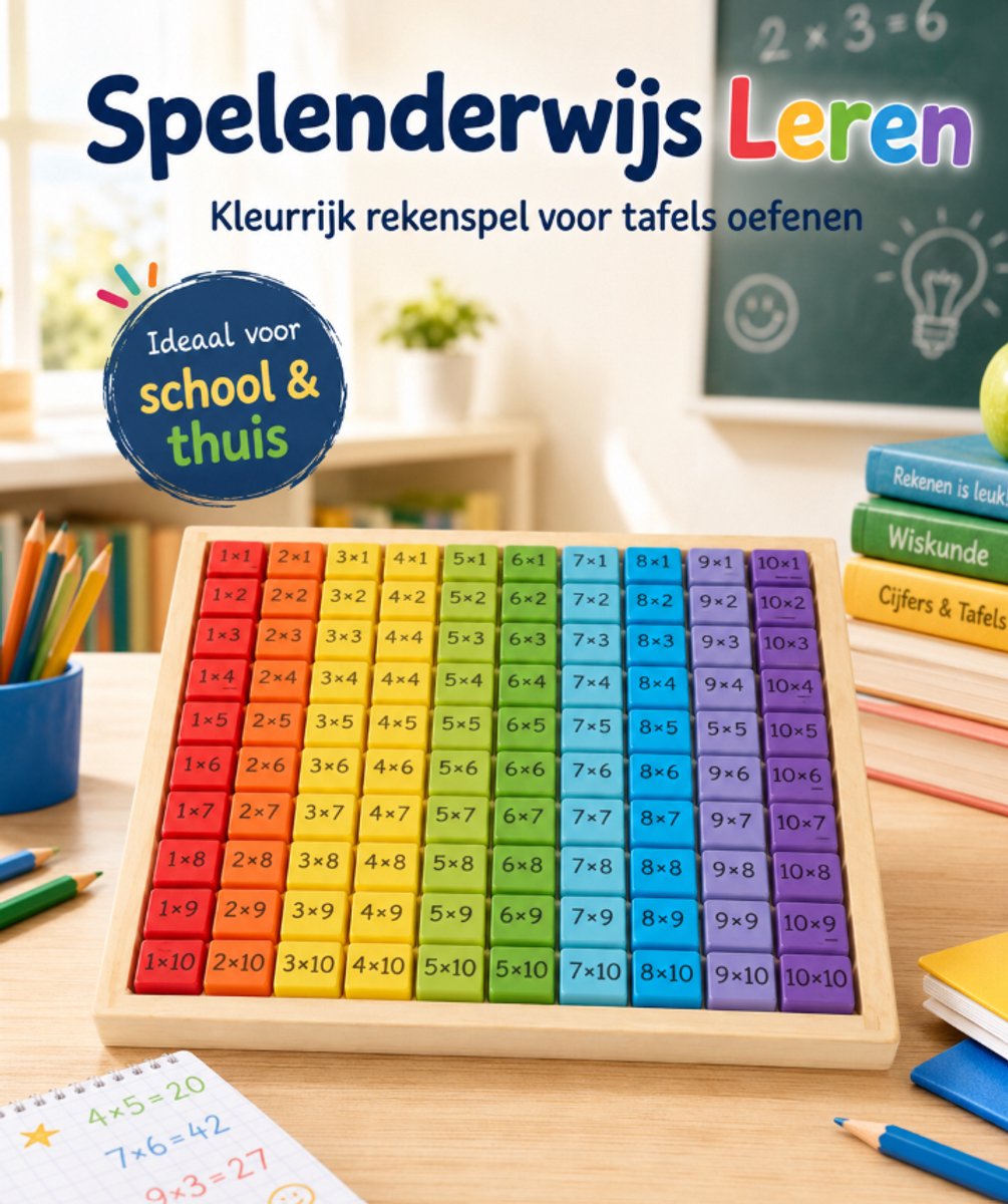 Houten Rekenspel Tafels 1 t/m 10 – 101-delig – 20 x 20 cm – Educatief Speelgoed – Rekenen Oefenen – Back to School