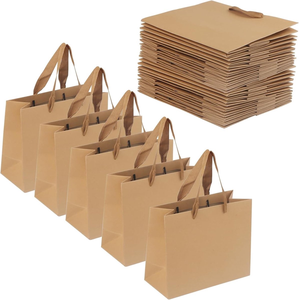 20 Stuks 22 x 18 x 10 cm Bruine Papieren Cadeautassen met Handvatten, Kraft Tassen voor Feestjes, Verpakking en Winkelen
