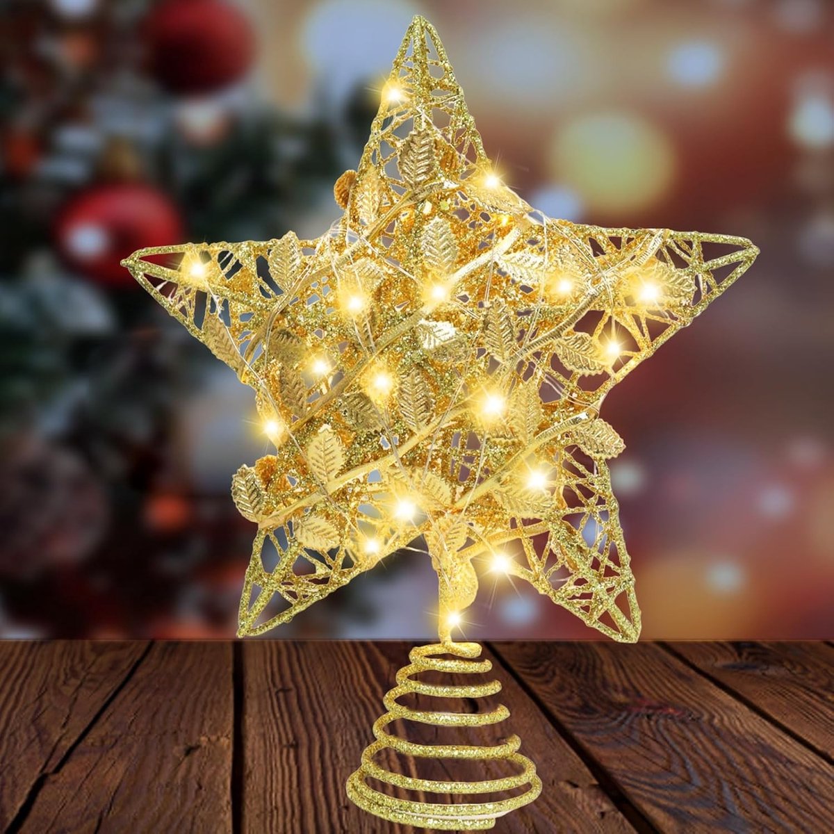 Sprankelende Ster voor de Kerstboom met Gouden Bladdecoratie en LED Verlichting - 20 x 23 cm, Batterij Aangedreven Kerstversiering voor Winterse Sfeer