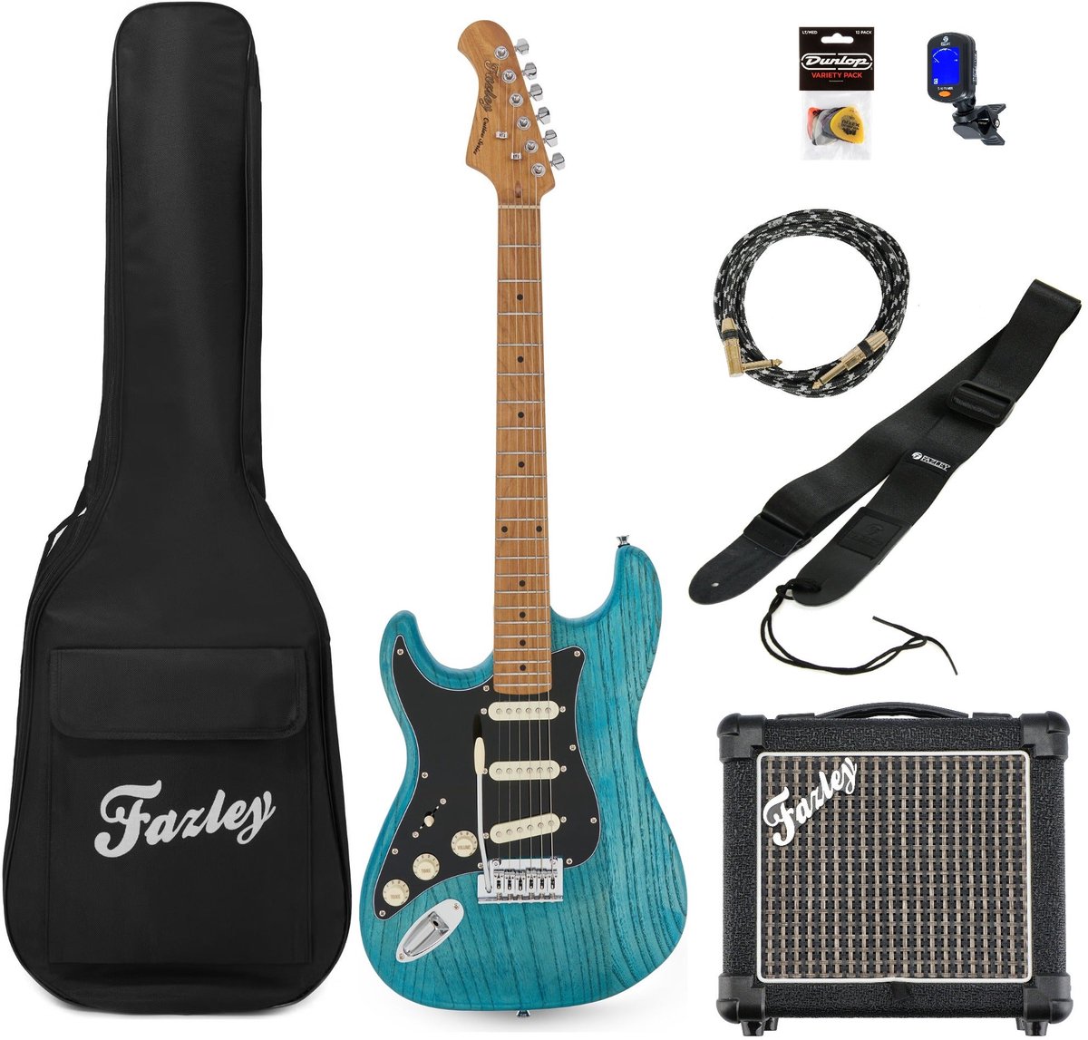 Elektrische gitaar starterset Fazley Outlaw Series Sheriff Plus SSS Blue Left-Handed